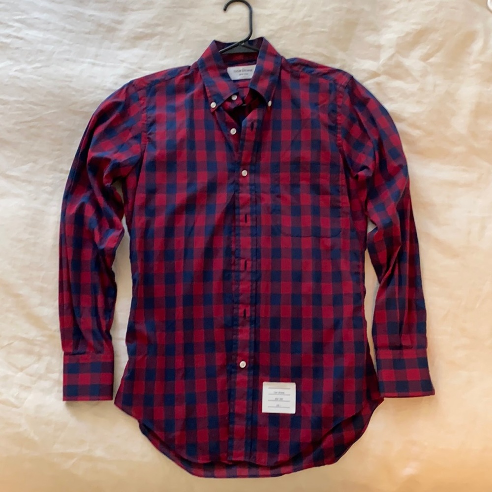 Thom Browne. Dark red and navy Gingham Shirt